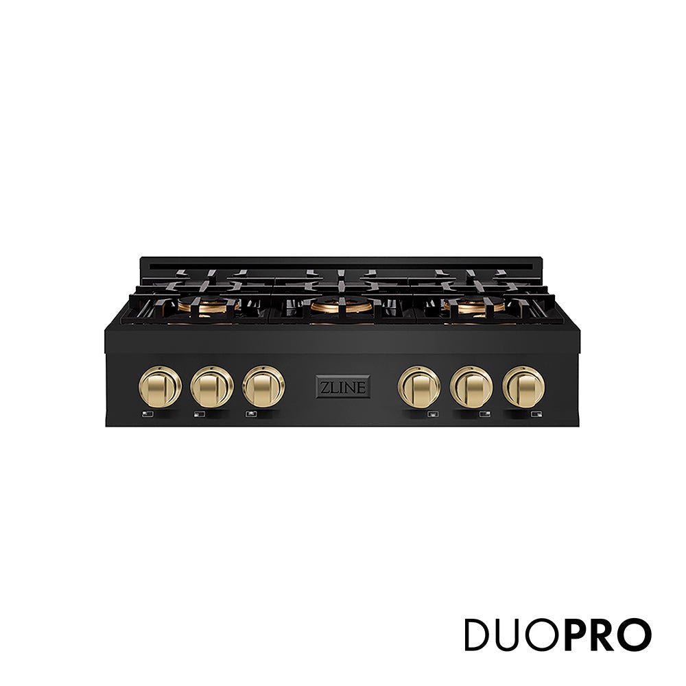 ZLINE Autograph Edition 36 in. Classic Gas Rangetop with 6 Burner DuoProâ„¢ Cooktop in Black Stainless Steel and Champagne Bronze Accents (PCRTBZ-36-CB)