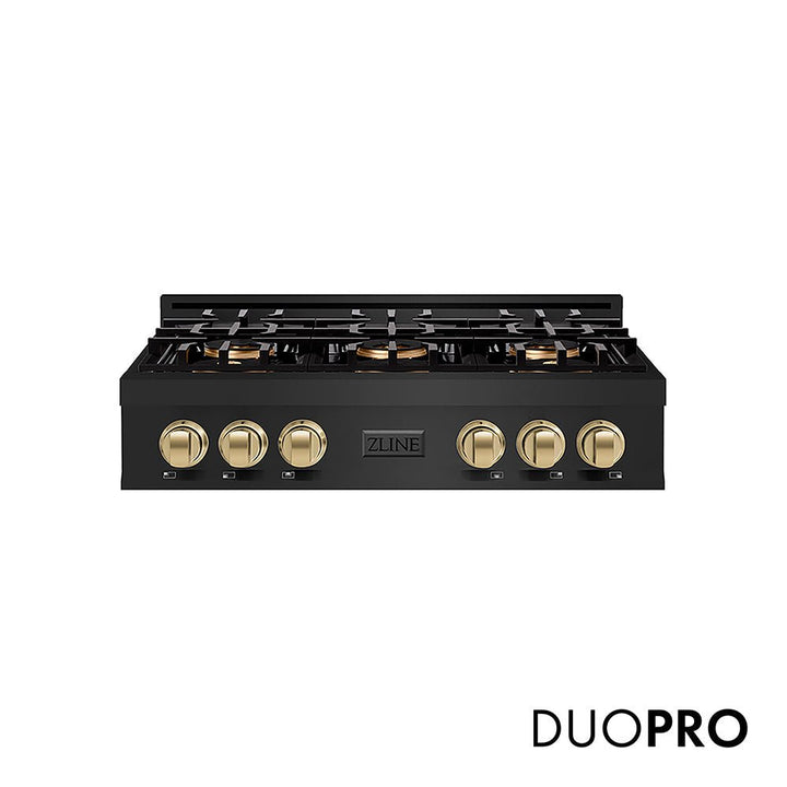 ZLINE Autograph Edition 36 in. Classic Gas Rangetop with 6 Burner DuoProâ„¢ Cooktop in Black Stainless Steel and Champagne Bronze Accents (PCRTBZ-36-CB)