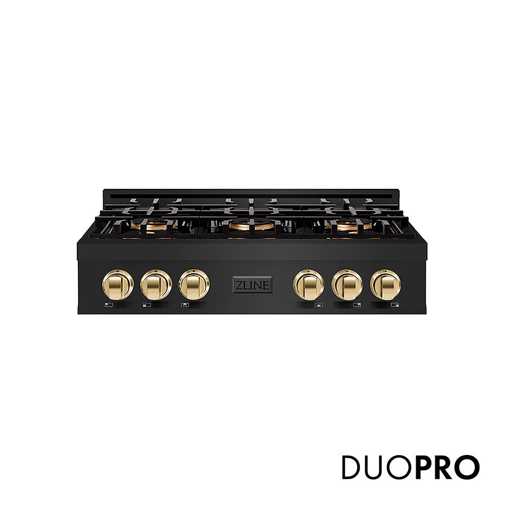 ZLINE Autograph Edition 36 in. Classic Gas Rangetop with 6 Burner DuoProâ„¢ Cooktop in Black Stainless Steel and Polished Gold Accents (PCRTBZ-36-G)