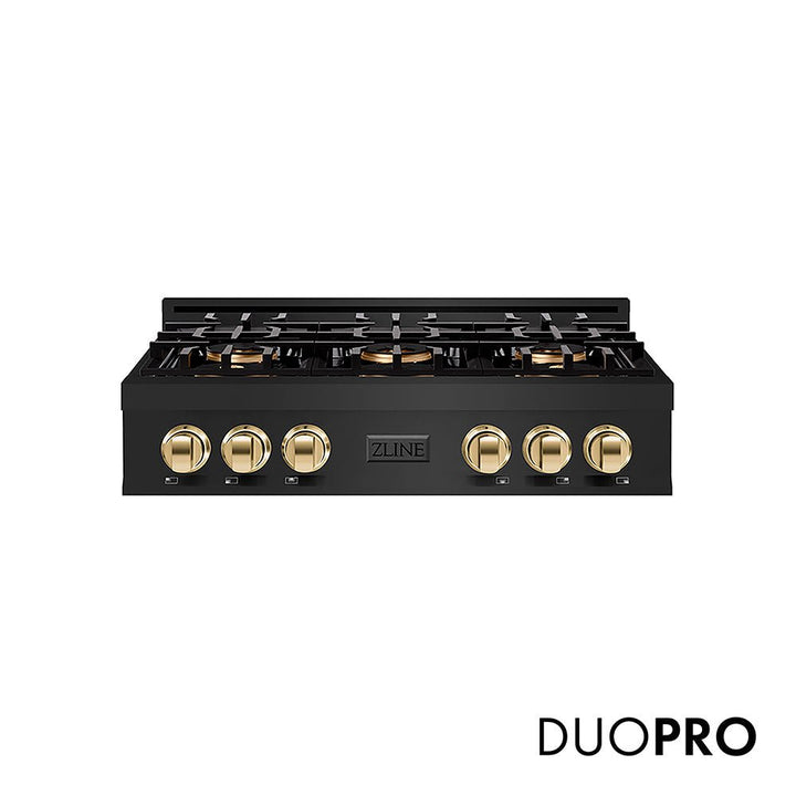 ZLINE Autograph Edition 36 in. Classic Gas Rangetop with 6 Burner DuoProâ„¢ Cooktop in Black Stainless Steel and Polished Gold Accents (PCRTBZ-36-G)
