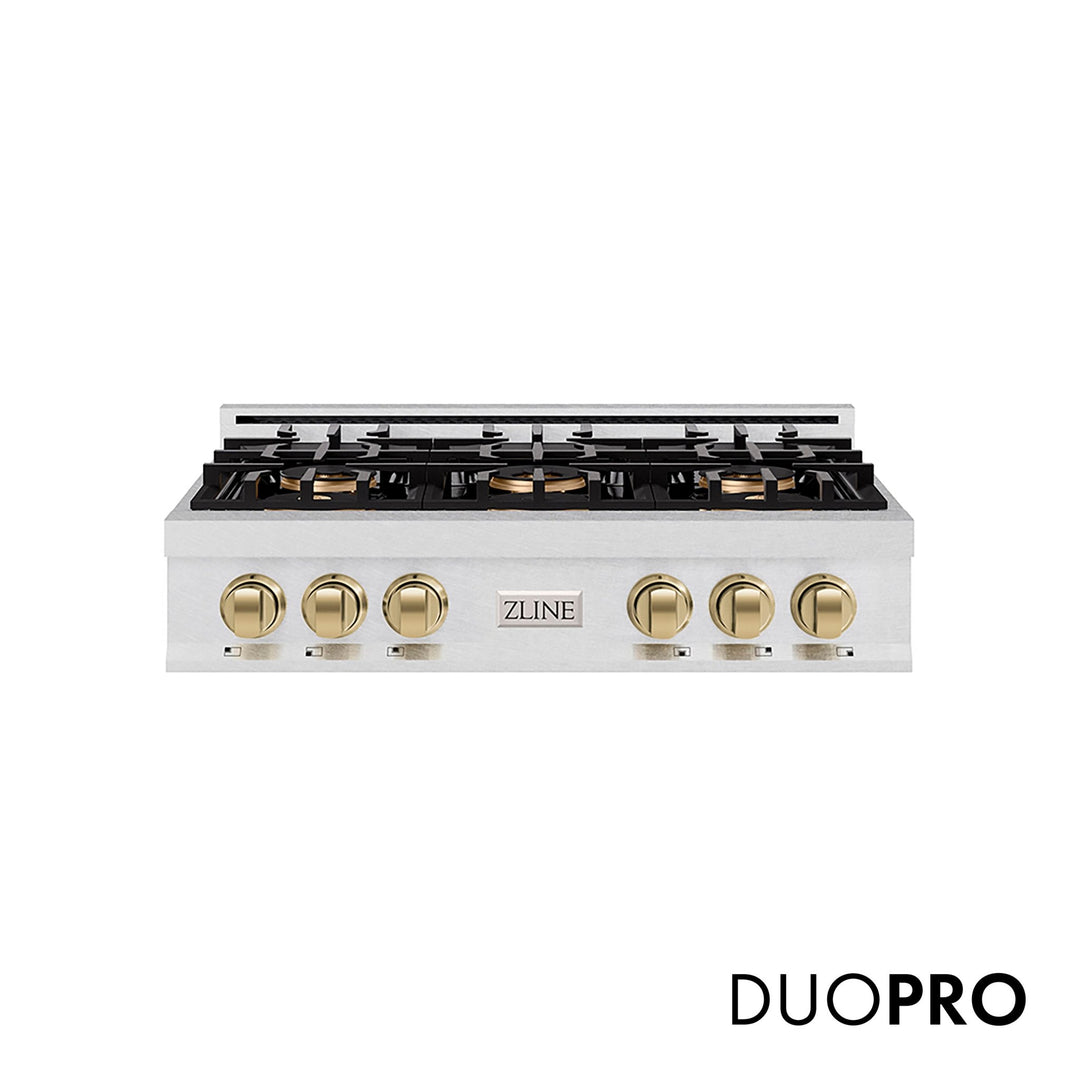 ZLINE Autograph Edition 36 in. Classic Gas Rangetop with 6 Burner DuoProâ„¢ Cooktop in Satin Stainless Steel and Champagne Bronze Accents (PCRTSZ-36-CB)