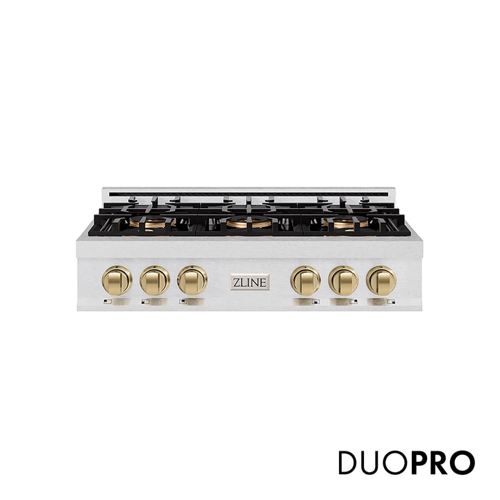 ZLINE Autograph Edition 36 in. Classic Gas Rangetop with 6 Burner DuoProâ„¢ Cooktop in Satin Stainless Steel and Champagne Bronze Accents (PCRTSZ-36-CB)
