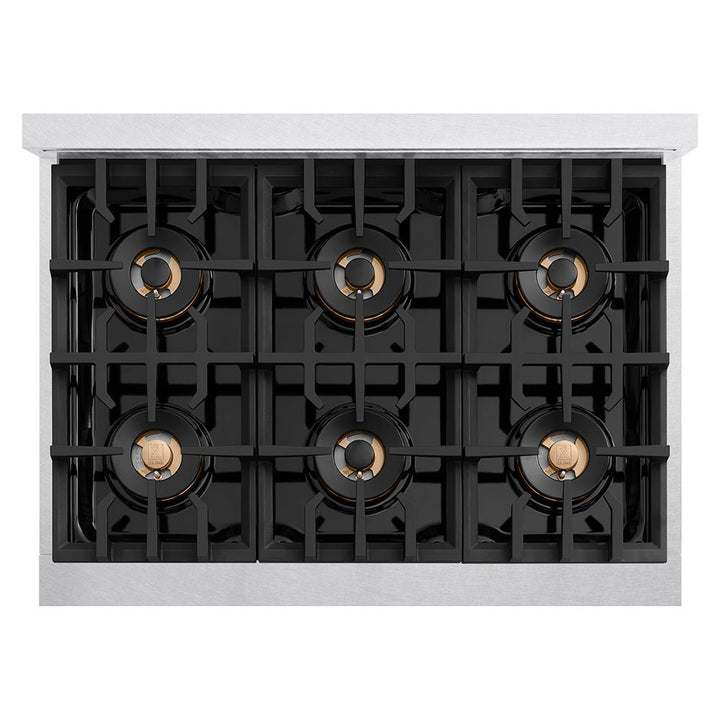 ZLINE Autograph Edition 36 in. Classic Gas Rangetop with 6 Burner DuoProâ„¢ Cooktop in Satin Stainless Steel and Champagne Bronze Accents (PCRTSZ-36-CB)