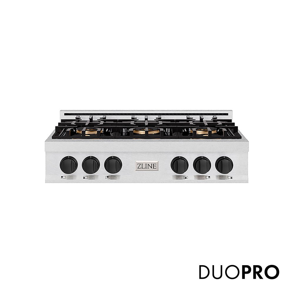 ZLINE Autograph Edition 36 in. Classic Gas Rangetop with 6 Burner DuoProâ„¢ Cooktop in Satin Stainless Steel and Matte Black Accents (PCRTSZ-36-MB)