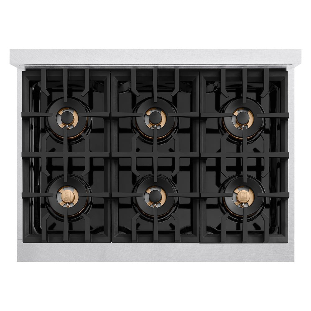 ZLINE Autograph Edition 36 in. Classic Gas Rangetop with 6 Burner DuoProâ„¢ Cooktop in Satin Stainless Steel and Polished Gold Accents (PCRTSZ-36-G)