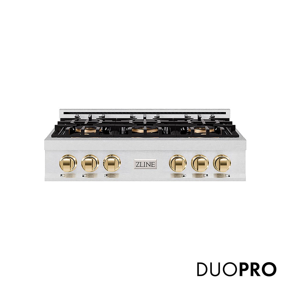 ZLINE Autograph Edition 36 in. Classic Gas Rangetop with 6 Burner DuoProâ„¢ Cooktop in Satin Stainless Steel and Polished Gold Accents (PCRTSZ-36-G)