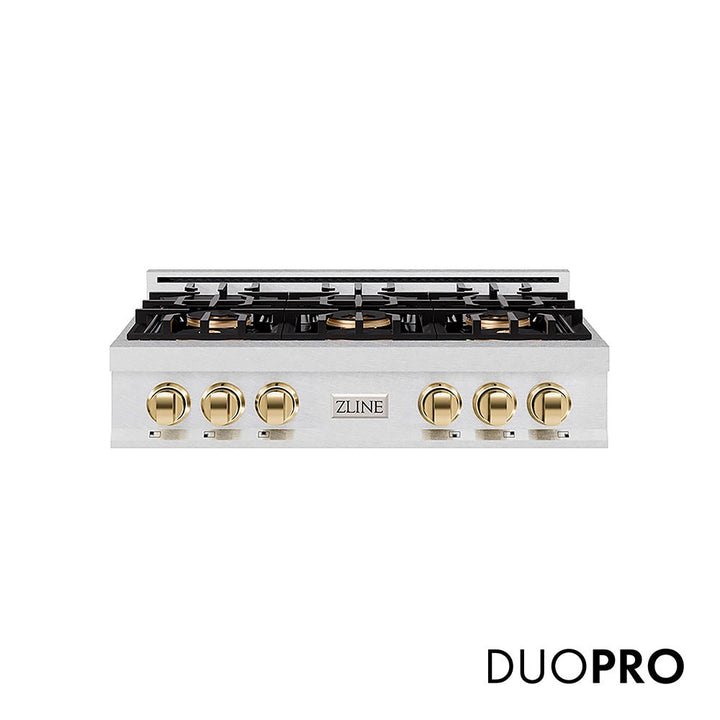 ZLINE Autograph Edition 36 in. Classic Gas Rangetop with 6 Burner DuoProâ„¢ Cooktop in Satin Stainless Steel and Polished Gold Accents (PCRTSZ-36-G)