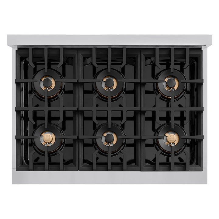 ZLINE Autograph Edition 36 in. Classic Gas Rangetop with 6 Burner DuoProâ„¢ Cooktop in Stainless Steel and Champagne Bronze Accents (PCRTZ-36-CB)