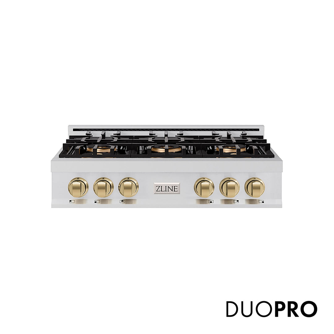 ZLINE Autograph Edition 36 in. Classic Gas Rangetop with 6 Burner DuoProâ„¢ Cooktop in Stainless Steel and Champagne Bronze Accents (PCRTZ-36-CB)