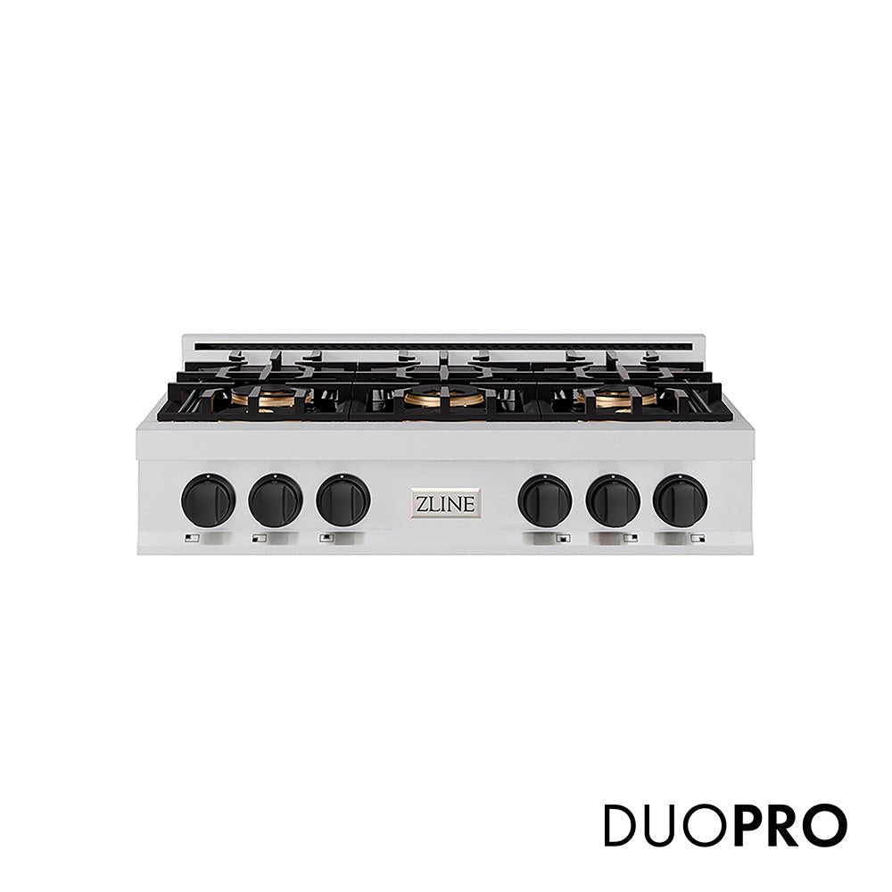 ZLINE Autograph Edition 36 in. Classic Gas Rangetop with 6 Burner DuoProâ„¢ Cooktop in Stainless Steel and Matte Black Accents (PCRTZ-36-MB)