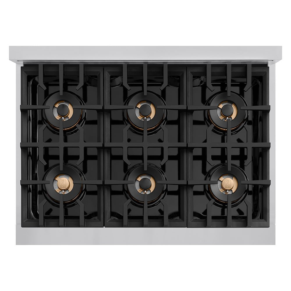 ZLINE Autograph Edition 36 in. Classic Gas Rangetop with 6 Burner DuoProâ„¢ Cooktop in Stainless Steel and Polished Gold Accents (PCRTZ-36-G)