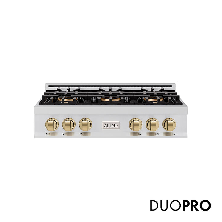 ZLINE Autograph Edition 36 in. Classic Gas Rangetop with 6 Burner DuoProâ„¢ Cooktop in Stainless Steel and Polished Gold Accents (PCRTZ-36-G)