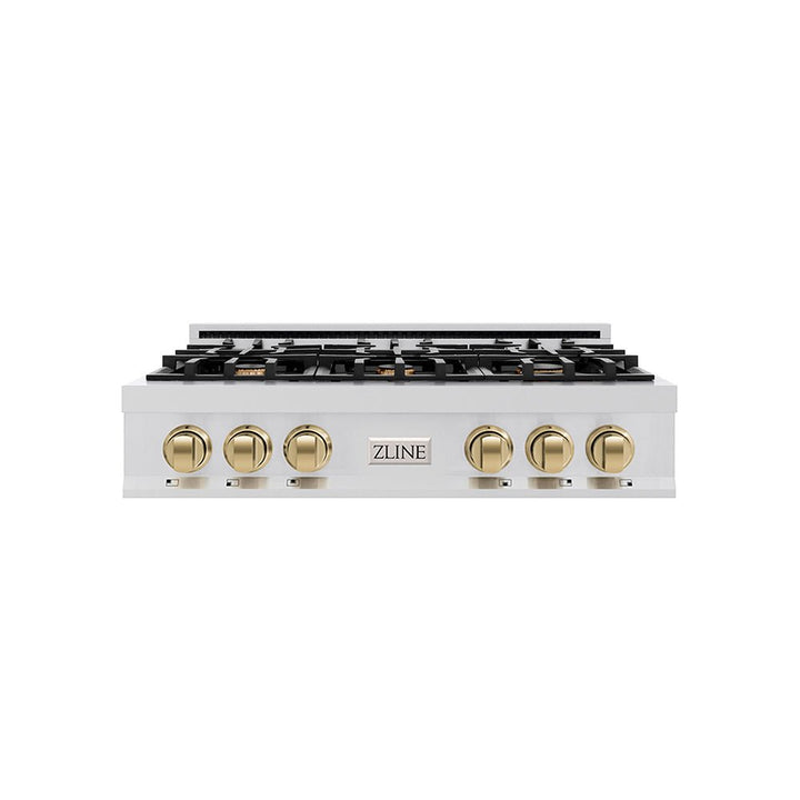 ZLINE Autograph Edition 36 in. Classic Gas Rangetop with 6 Burners and Porcelain Cooktop in Stainless Steel with Champagne Bronze Accents (RTZ-36-CB)