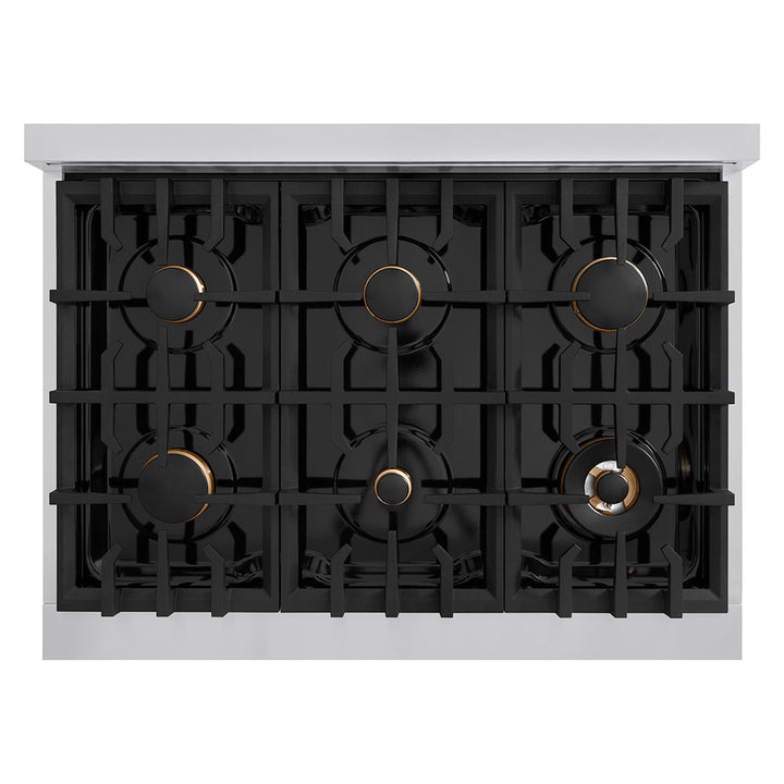 ZLINE Autograph Edition 36 in. Classic Gas Rangetop with 6 Burners and Porcelain Cooktop in Stainless Steel with Polished Gold Accents (RTZ-36-G)