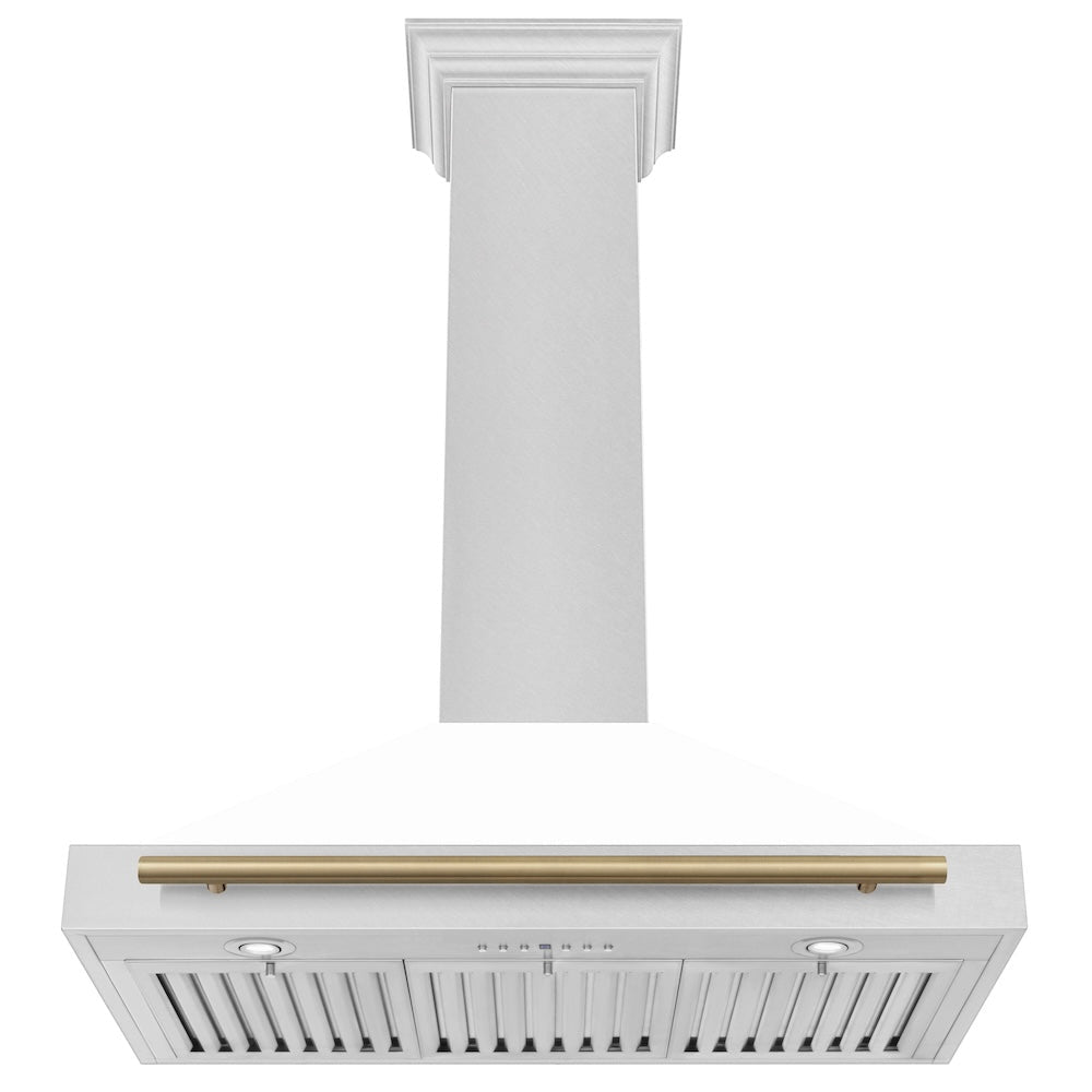 ZLINE Autograph Edition 36 in. Convertible Satin Stainless Steel Wall Mount Range Hood with White Matte Shell and Champagne Bronze Handle (KB4SNZ-WM36-CB)