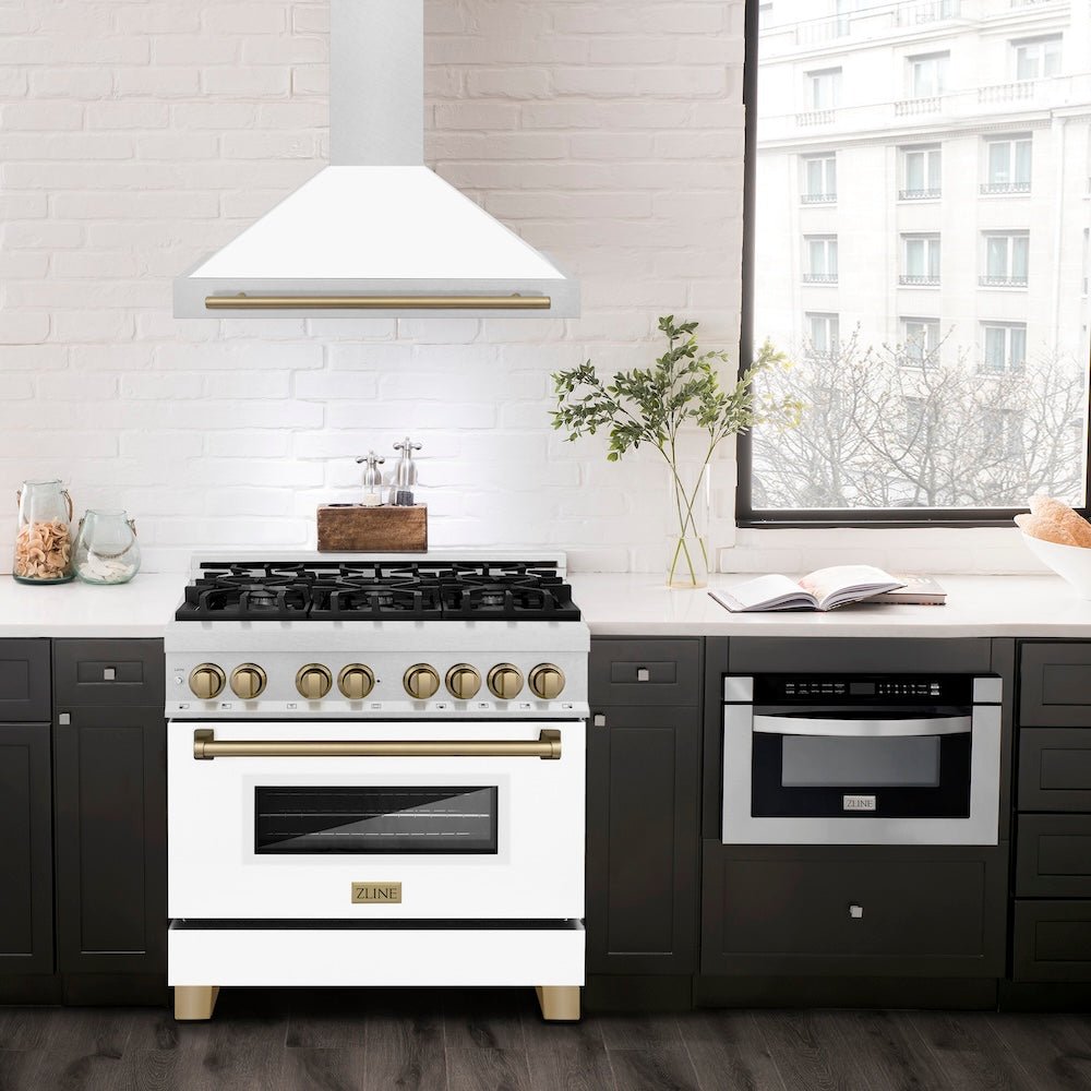 ZLINE Autograph Edition 36 in. Convertible Satin Stainless Steel Wall Mount Range Hood with White Matte Shell and Champagne Bronze Handle (KB4SNZ-WM36-CB)