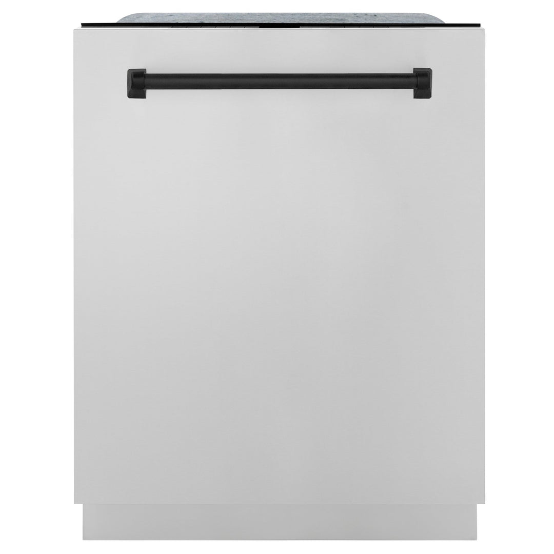 ZLINE Autograph Edition 36 in. Kitchen Package with Stainless Steel Dual Fuel Range, Range Hood, Dishwasher and Refrigeration Including External Water Dispenser with Matte Black Accents (4AKPR-RARHDWM36-MB)