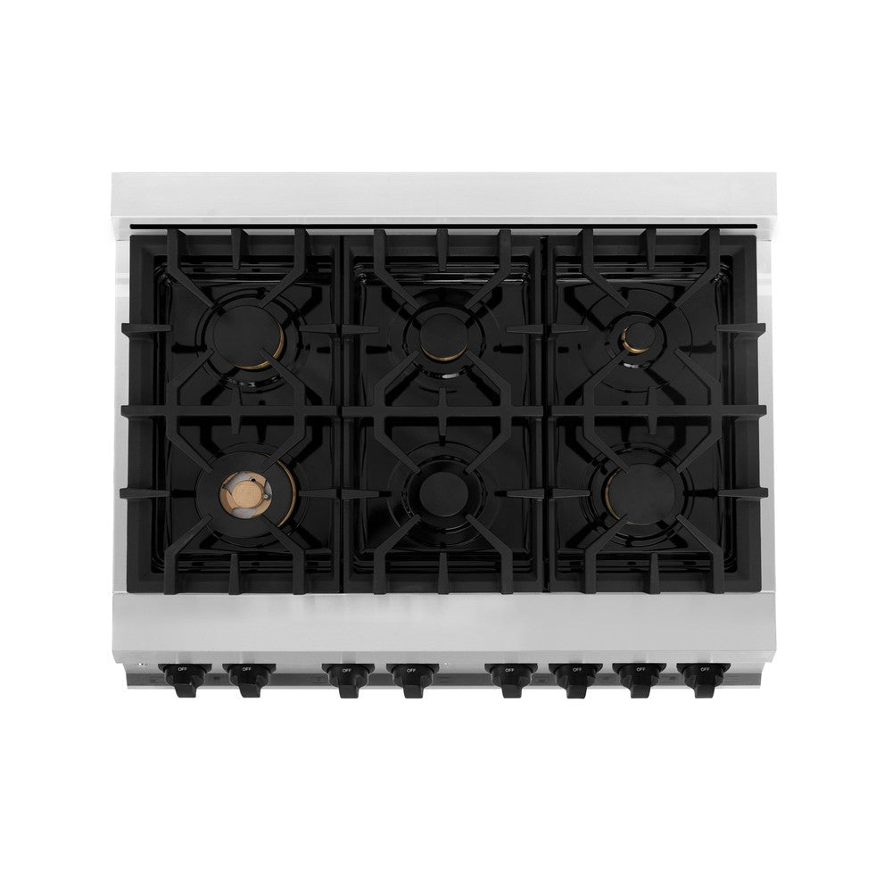 ZLINE Autograph Edition 36 in. Kitchen Package with Stainless Steel Dual Fuel Range, Range Hood, Dishwasher and Refrigeration Including External Water Dispenser with Matte Black Accents (4AKPR-RARHDWM36-MB)