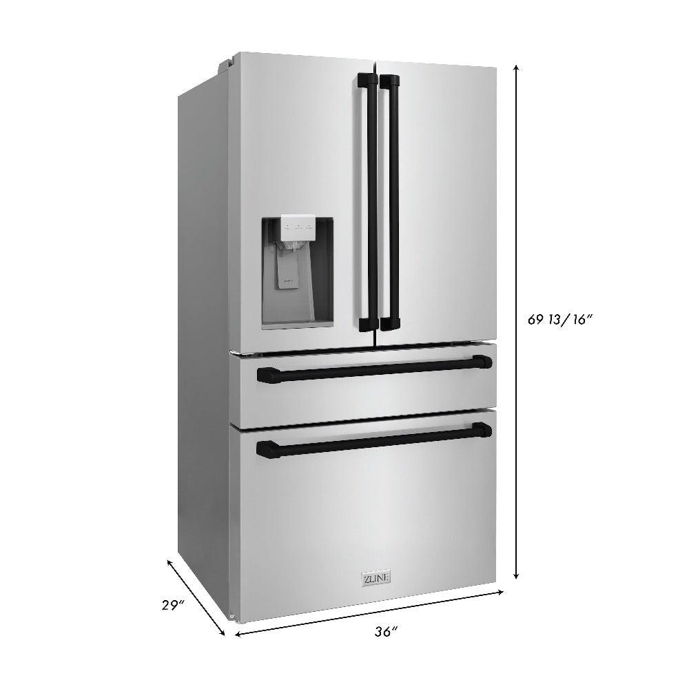 ZLINE Autograph Edition 36 in. Kitchen Package with Stainless Steel Dual Fuel Range, Range Hood, Dishwasher and Refrigeration Including External Water Dispenser with Matte Black Accents (4AKPR-RARHDWM36-MB)
