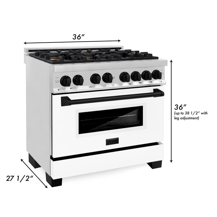 ZLINE Autograph Edition 36 in. Kitchen Package with Stainless Steel Dual Fuel Range with White Matte Door and Range Hood with Matte Black Accents (2AKP-RAWMRH36-MB)