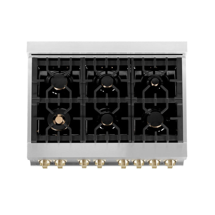 ZLINE Autograph Edition 36 in. Kitchen Package with Stainless Steel Dual Fuel Range with White Matte Door and Range Hood with Polished Gold Accents (2AKP-RAWMRH36-G)