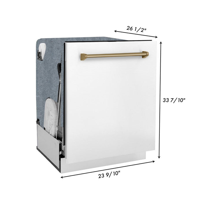 ZLINE Autograph Edition 36 in. Kitchen Package with Stainless Steel Dual Fuel Range with White Matte Door, Range Hood and Dishwasher with Champagne Bronze Accents (3AKP-RAWMRHDWM36-CB)