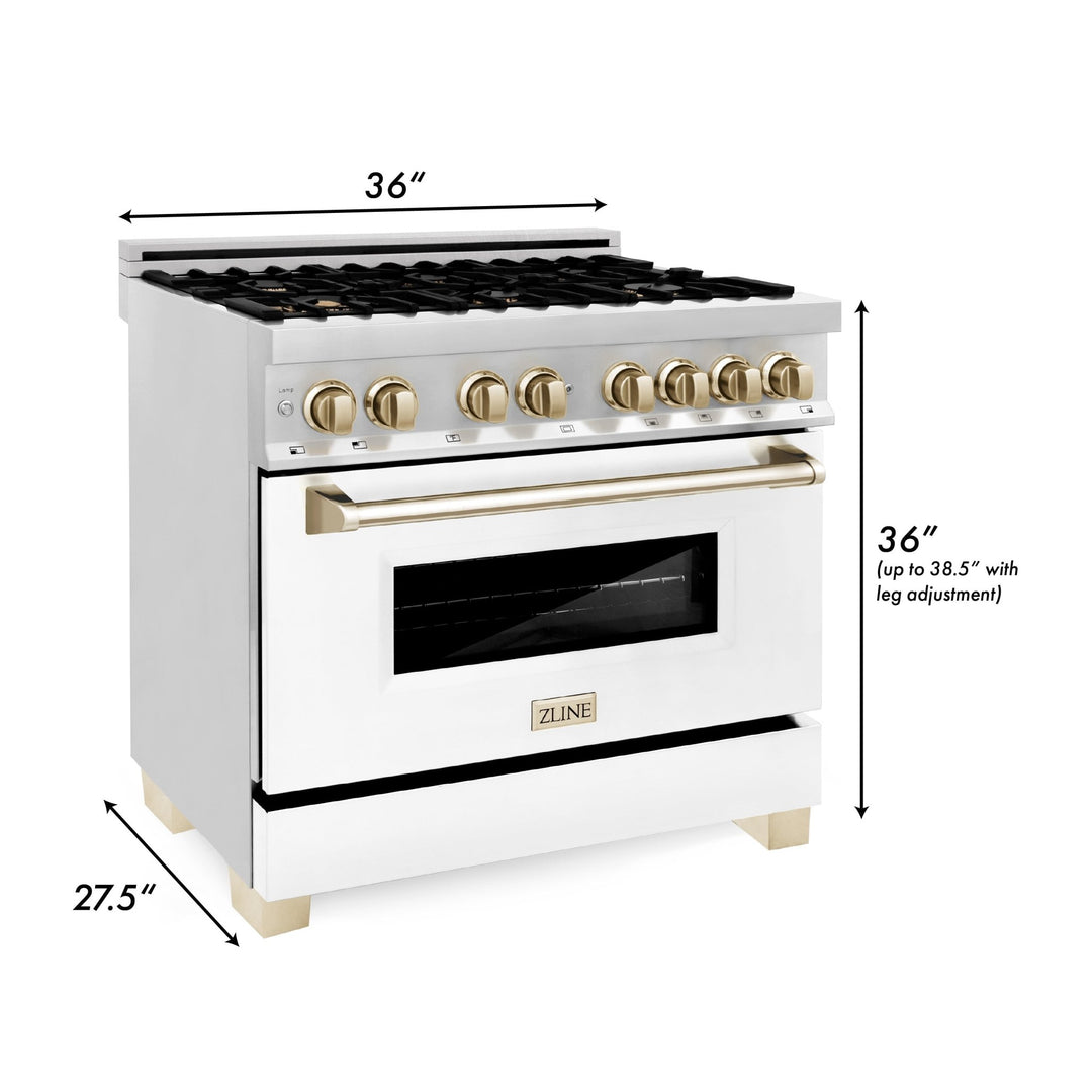 ZLINE Autograph Edition 36 in. Kitchen Package with Stainless Steel Dual Fuel Range with White Matte Door, Range Hood and Dishwasher with Polished Gold Accents (3AKP-RAWMRHDWM36-G)