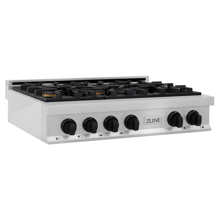 ZLINE Autograph Edition 36 in. Legacy Gas Rangetop with 6 Burners and Porcelain Cooktop in Satin Stainless Steel with Matte Black Accents (RTSZ-36-MB)