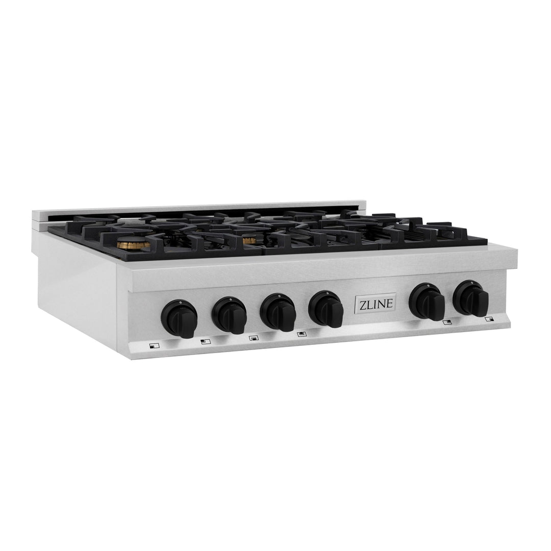 ZLINE Autograph Edition 36 in. Legacy Gas Rangetop with 6 Burners and Porcelain Cooktop in Satin Stainless Steel with Matte Black Accents (RTSZ-36-MB)