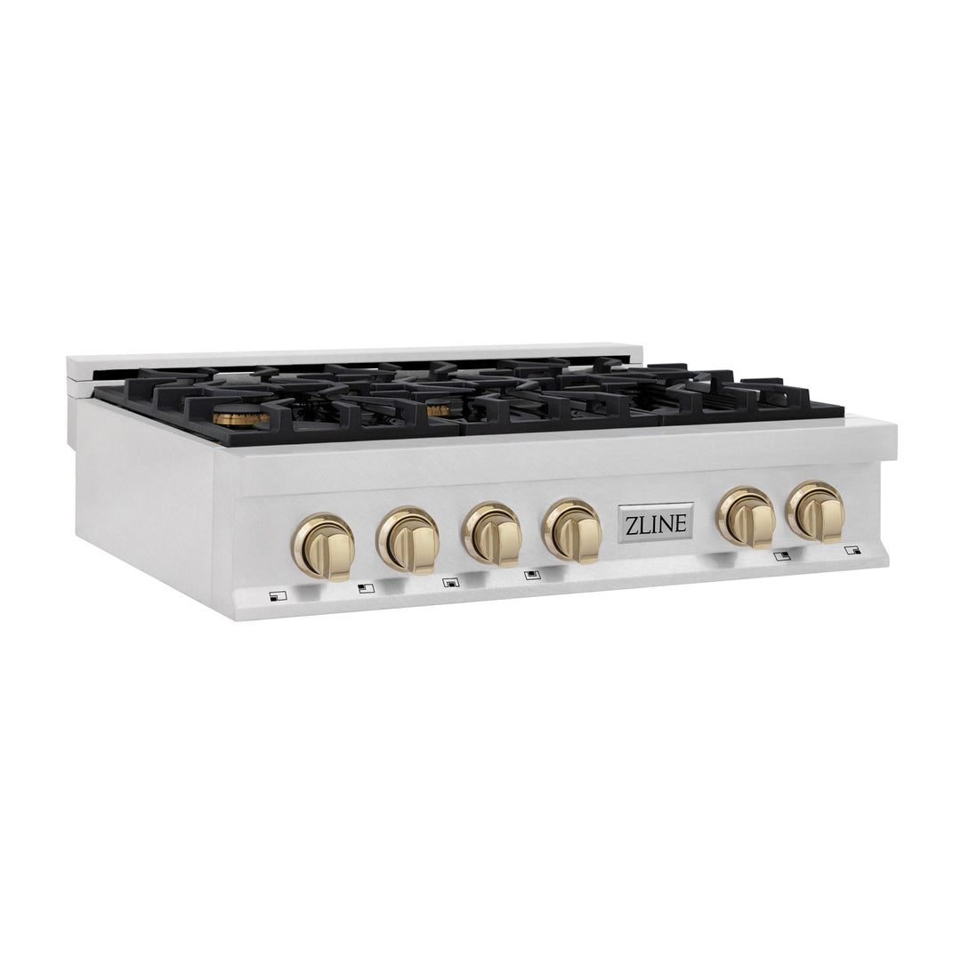 ZLINE Autograph Edition 36 in. Legacy Gas Rangetop with 6 Burners and Porcelain Cooktop in Satin Stainless Steel with Polished Gold Accents (RTSZ-36-G)