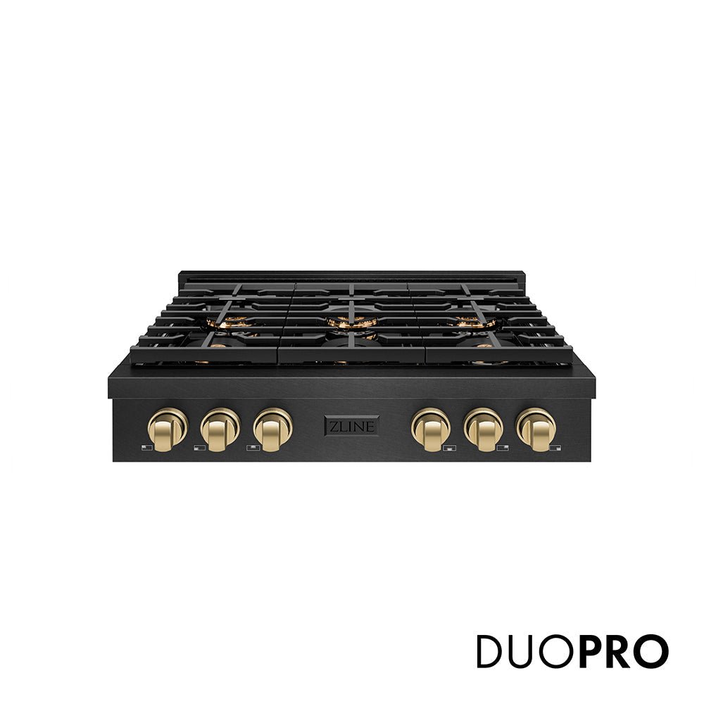ZLINE Autograph Edition 36 in. Paramount Gas Rangetop with 6 Burner DuoProâ„¢ Cooktop in Black Satin Stainless Steel and Champagne Bronze Accents (PSRTBSZ-36-CB)