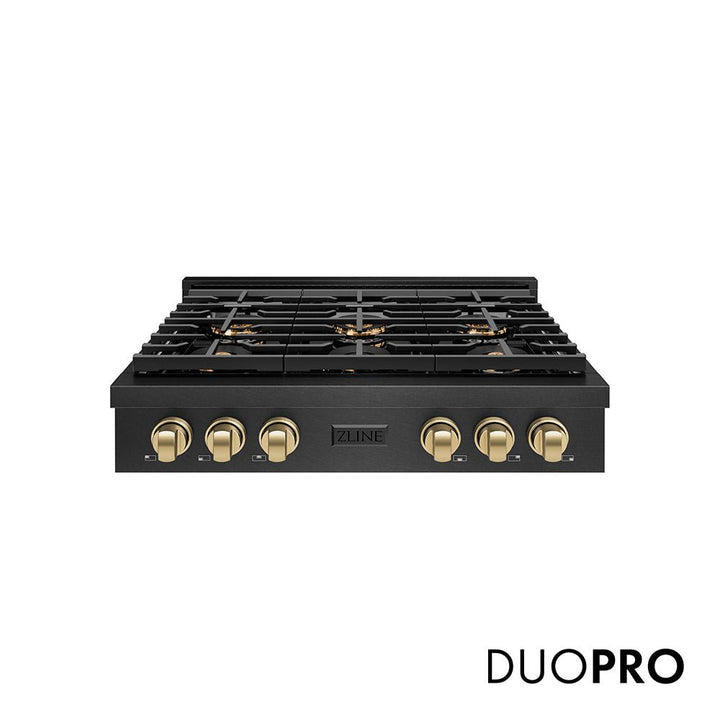 ZLINE Autograph Edition 36 in. Paramount Gas Rangetop with 6 Burner DuoProâ„¢ Cooktop in Black Satin Stainless Steel and Champagne Bronze Accents (PSRTBSZ-36-CB)