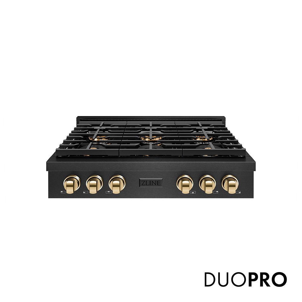ZLINE Autograph Edition 36 in. Paramount Gas Rangetop with 6 Burner DuoProâ„¢ Cooktop in Black Satin Stainless Steel and Polished Gold Accents (PSRTBSZ-36-G)
