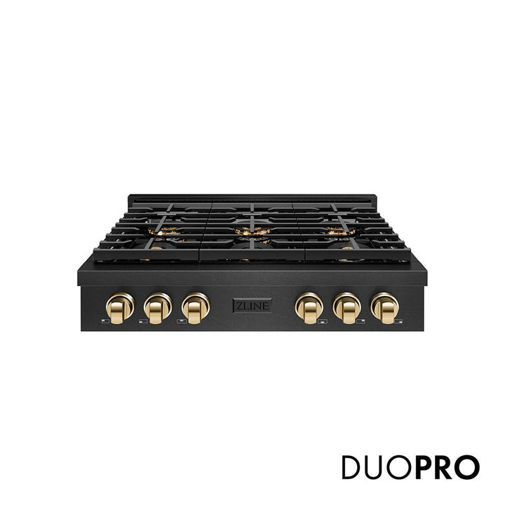 ZLINE Autograph Edition 36 in. Paramount Gas Rangetop with 6 Burner DuoProâ„¢ Cooktop in Black Satin Stainless Steel and Polished Gold Accents (PSRTBSZ-36-G)