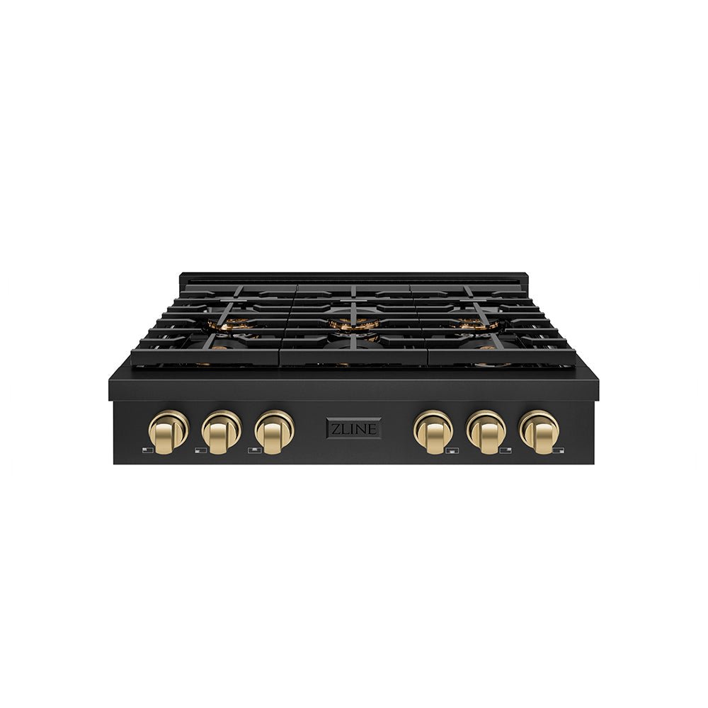 ZLINE Autograph Edition 36 in. Paramount Gas Rangetop with 6 Burner DuoProâ„¢ Cooktop in Black Stainless Steel and Champagne Bronze Accents (PSRTBZ-36-CB)