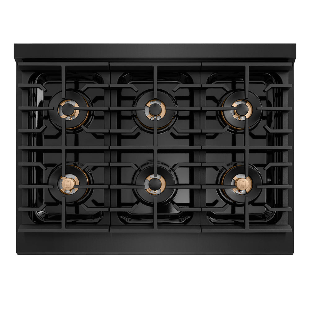ZLINE Autograph Edition 36 in. Paramount Gas Rangetop with 6 Burner DuoProâ„¢ Cooktop in Black Stainless Steel and Champagne Bronze Accents (PSRTBZ-36-CB)