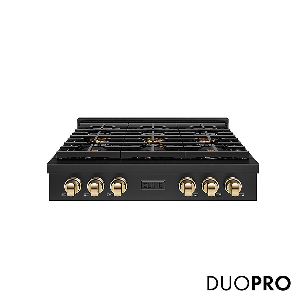 ZLINE Autograph Edition 36 in. Paramount Gas Rangetop with 6 Burner DuoProâ„¢ Cooktop in Black Stainless Steel and Polished Gold Accents (PSRTBZ-36-G)