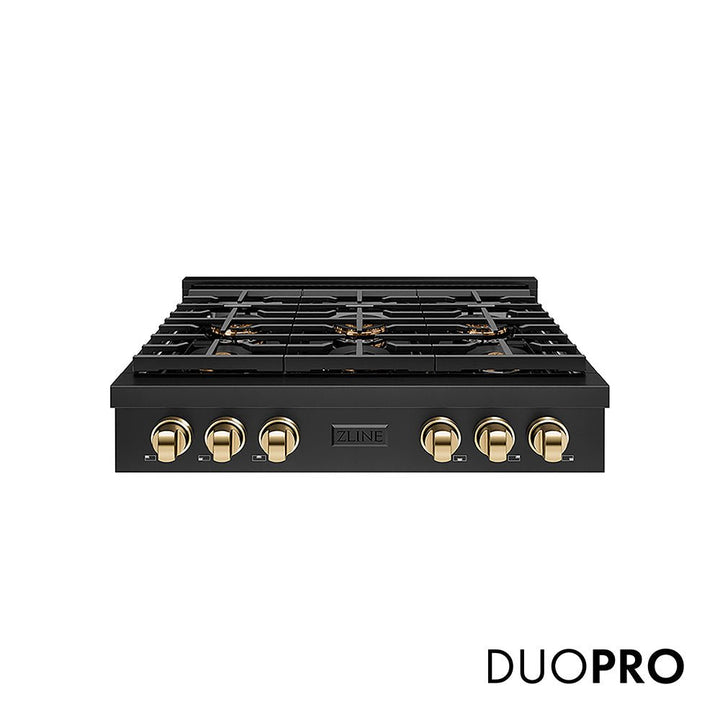 ZLINE Autograph Edition 36 in. Paramount Gas Rangetop with 6 Burner DuoProâ„¢ Cooktop in Black Stainless Steel and Polished Gold Accents (PSRTBZ-36-G)