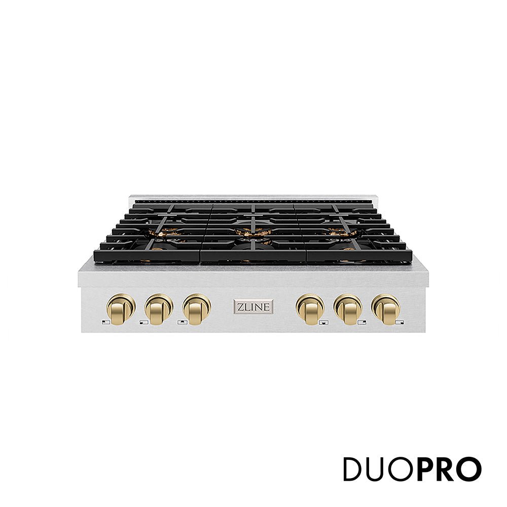 ZLINE Autograph Edition 36 in. Paramount Gas Rangetop with 6 Burner DuoProâ„¢ Cooktop in Satin Stainless Steel and Champagne Bronze Accents (PSRTSZ-36-CB)