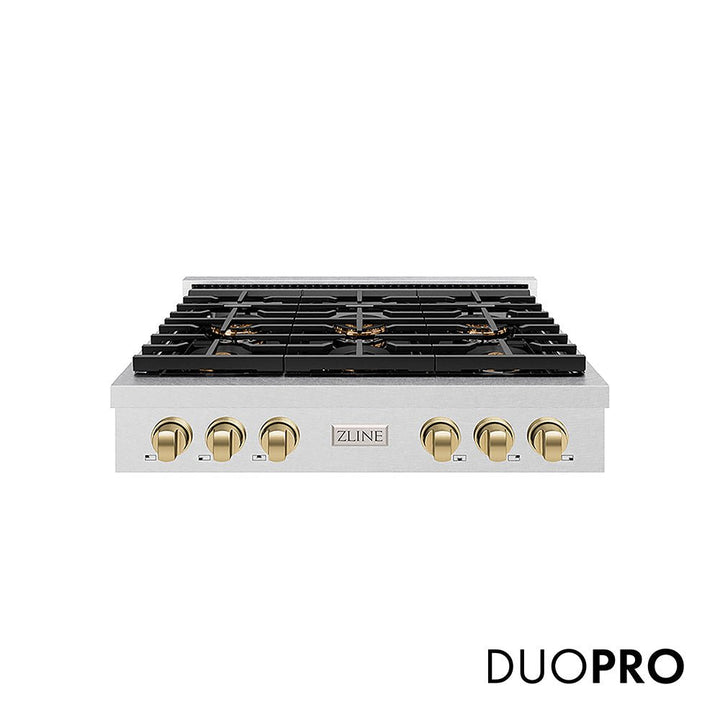 ZLINE Autograph Edition 36 in. Paramount Gas Rangetop with 6 Burner DuoProâ„¢ Cooktop in Satin Stainless Steel and Champagne Bronze Accents (PSRTSZ-36-CB)