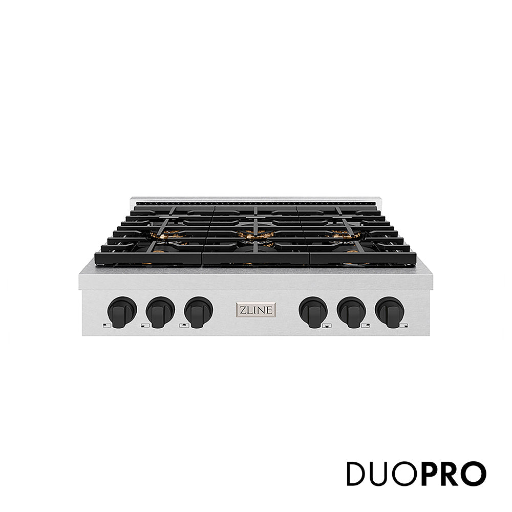 ZLINE Autograph Edition 36 in. Paramount Gas Rangetop with 6 Burner DuoProâ„¢ Cooktop in Satin Stainless Steel and Matte Black Accents (PSRTSZ-36-MB)