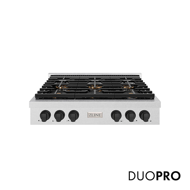 ZLINE Autograph Edition 36 in. Paramount Gas Rangetop with 6 Burner DuoProâ„¢ Cooktop in Satin Stainless Steel and Matte Black Accents (PSRTSZ-36-MB)