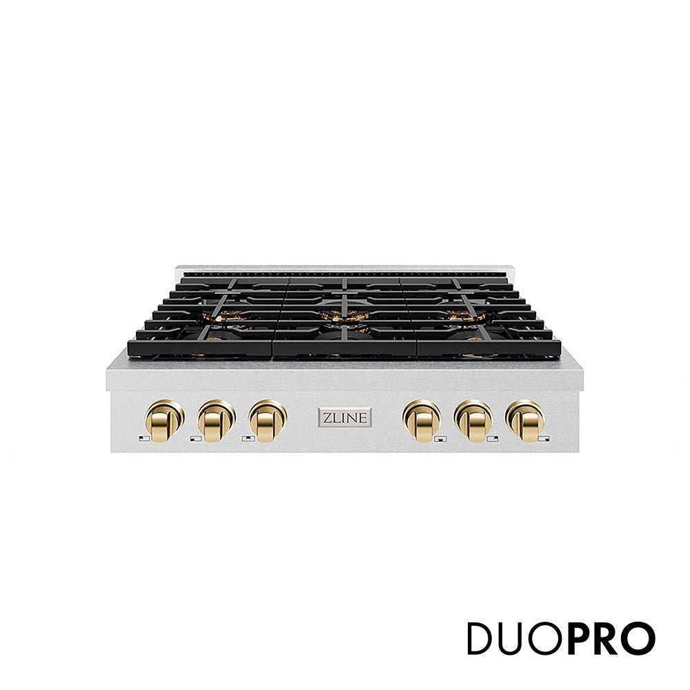 ZLINE Autograph Edition 36 in. Paramount Gas Rangetop with 6 Burner DuoProâ„¢ Cooktop in Satin Stainless Steel and Polished Gold Accents (PSRTSZ-36-G)
