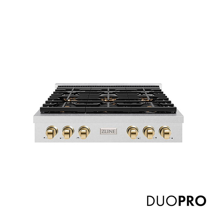 ZLINE Autograph Edition 36 in. Paramount Gas Rangetop with 6 Burner DuoProâ„¢ Cooktop in Satin Stainless Steel and Polished Gold Accents (PSRTSZ-36-G)