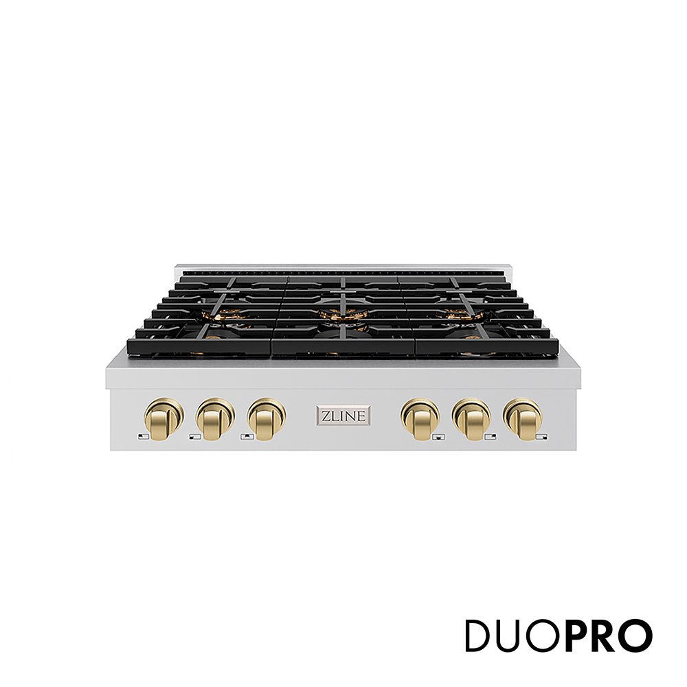 ZLINE Autograph Edition 36 in. Paramount Gas Rangetop with 6 Burner DuoProâ„¢ Cooktop in Stainless Steel and Champagne Bronze Accents (PSRTZ-36-CB)