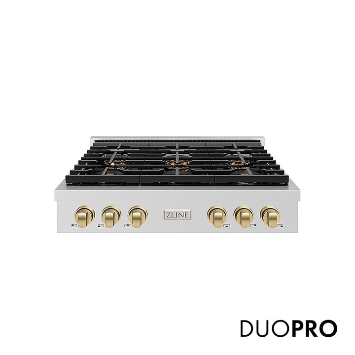 ZLINE Autograph Edition 36 in. Paramount Gas Rangetop with 6 Burner DuoProâ„¢ Cooktop in Stainless Steel and Champagne Bronze Accents (PSRTZ-36-CB)