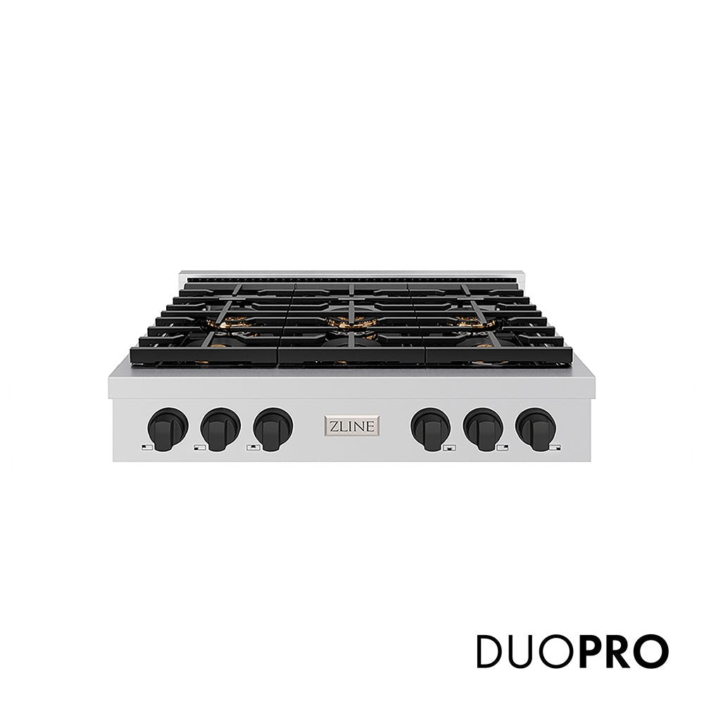 ZLINE Autograph Edition 36 in. Paramount Gas Rangetop with 6 Burner DuoProâ„¢ Cooktop in Stainless Steel and Matte Black Accents (PSRTZ-36-MB)