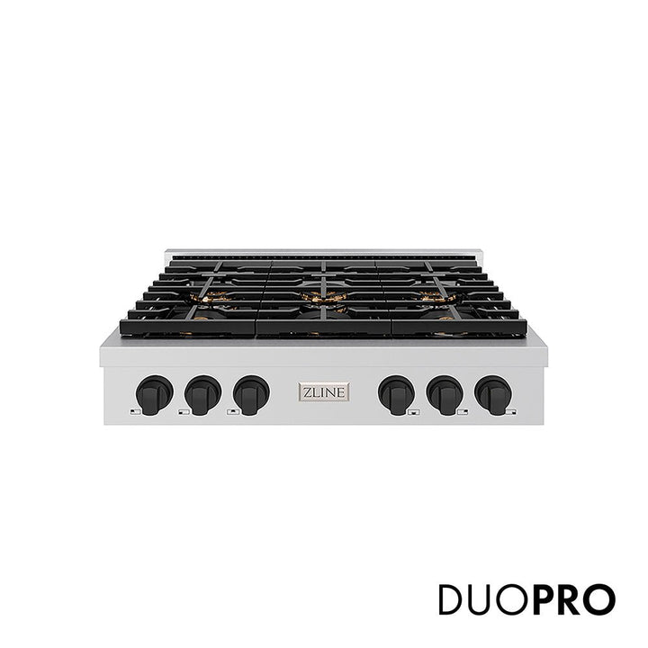 ZLINE Autograph Edition 36 in. Paramount Gas Rangetop with 6 Burner DuoProâ„¢ Cooktop in Stainless Steel and Matte Black Accents (PSRTZ-36-MB)