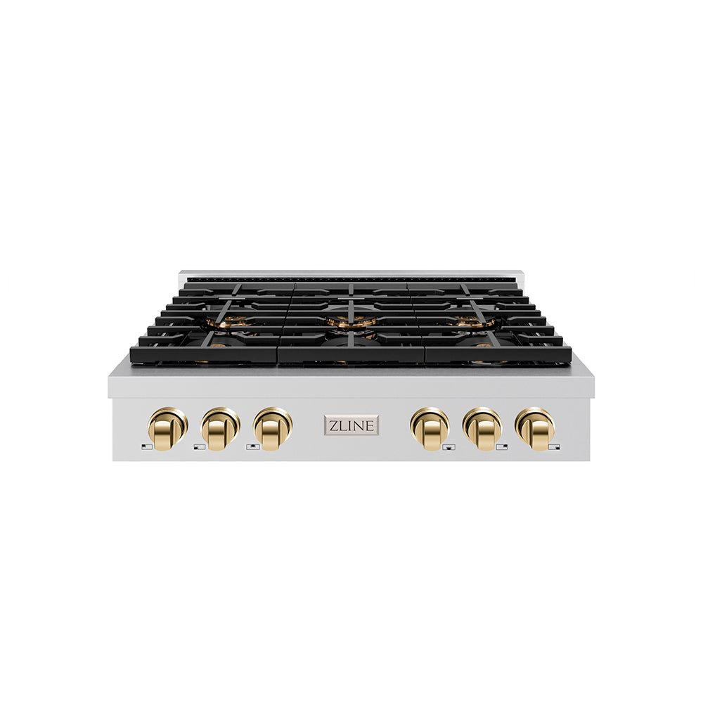 ZLINE Autograph Edition 36 in. Paramount Gas Rangetop with 6 Burner DuoProâ„¢ Cooktop in Stainless Steel and Polished Gold Accents (PSRTZ-36-G)