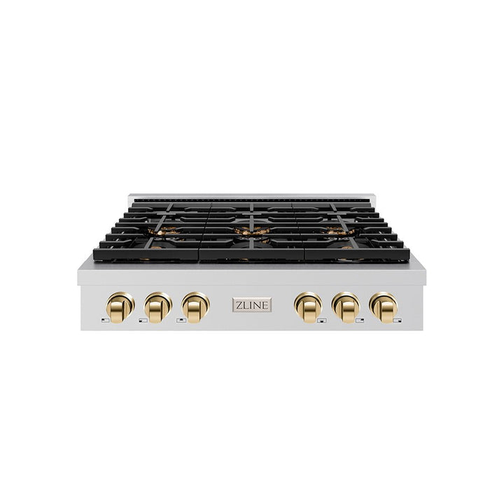 ZLINE Autograph Edition 36 in. Paramount Gas Rangetop with 6 Burner DuoProâ„¢ Cooktop in Stainless Steel and Polished Gold Accents (PSRTZ-36-G)